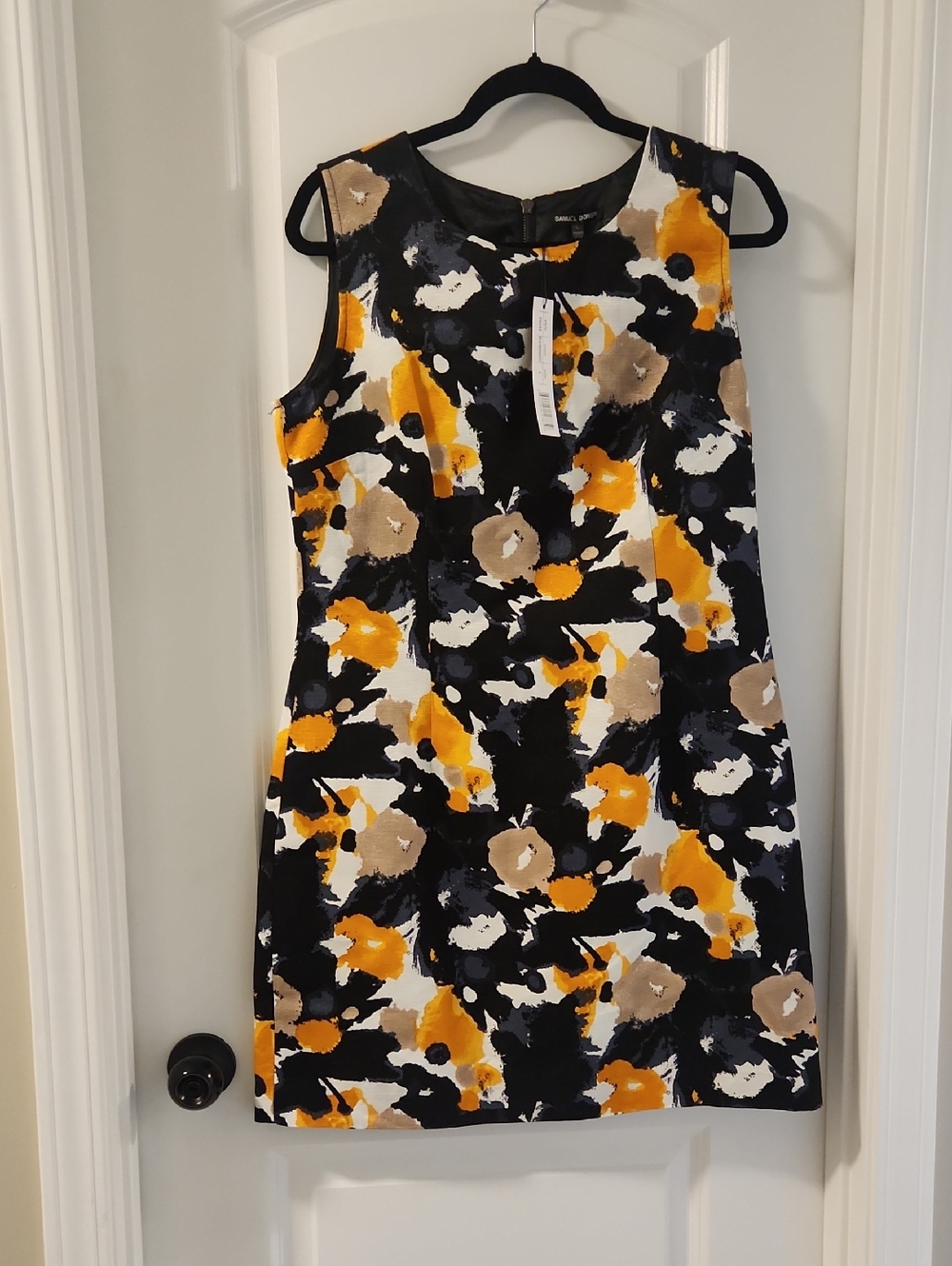 Samuel Dong Black Floral-Print Sleeveless Shift Dress with Yellow & Tan Accents